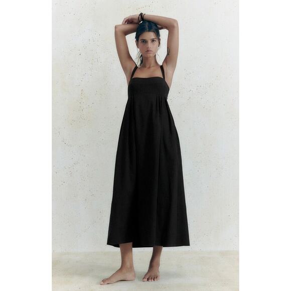 Zara Black Square Neck Empire A-Line Poplin Sleeveless Maxi Dress Size XS - Picture 1 of 9
